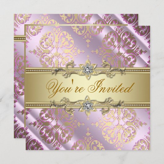 Roze Gold Damask Party Kaart (Voorkant / Achterkant)