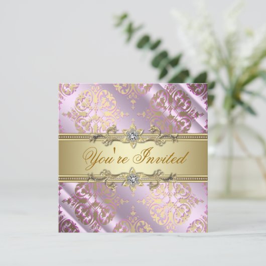 Roze Gold Damask Party Kaart (Staand voorkant)