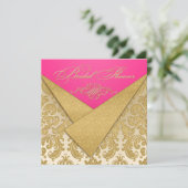 Roze, Gold Damask, Scroll Bridal Shower Invitation Kaart (Staand voorkant)