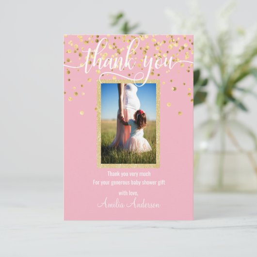 Roze Gold DANK JE Baby shower Girl | FOTO Bedankkaart (Staand voorkant)
