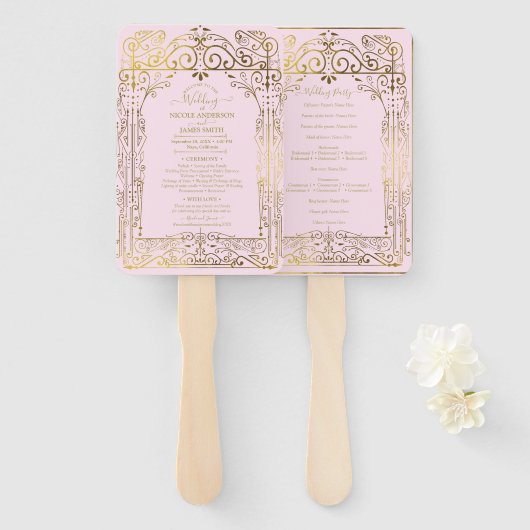 Roze Gold Deco Chic Glam Wedding Program Handteken Handwaaier (Voorkant en achterkant)