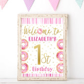 Roze & Gold Donut 1e verjaardag van feestdag Poster