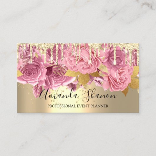 Roze Gold Drip Flower Logo Event Planner QRCode Visitekaartje (Voorkant)