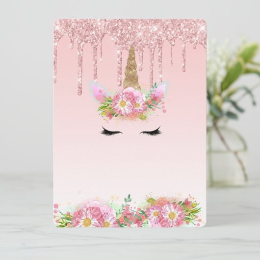 Roze Gold Drip Glitter Unicorn Sjabloon Kaart (Staand voorkant)