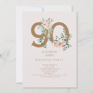 Roze & Gold Elegant 90th Birthday Party Invitation Kaart