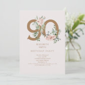 Roze & Gold Elegant 90th Birthday Party Invitation Kaart (Staand voorkant)