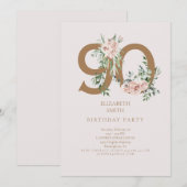 Roze & Gold Elegant 90th Birthday Party Invitation Kaart (Voorkant / Achterkant)