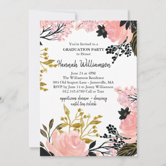 Roze, Gold en zwarte Graduation Party uitnodiginge Kaart (Voorkant)