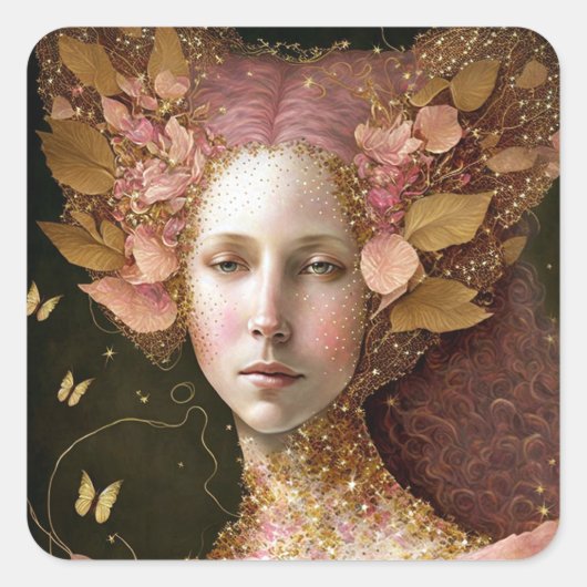 Roze Gold Fairy Fae Woman Fantasy Art Vierkante Sticker (Voorkant)