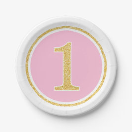 Roze Gold Faux Glitter Circle First Birthday Papieren Bordje