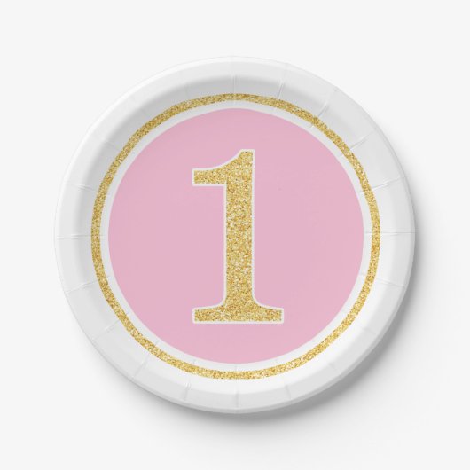 Roze Gold Faux Glitter Circle First Birthday Papieren Bordje (Voorkant)
