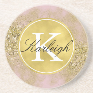 Roze Gold Faux Glitter - gepersonaliseerd monogram Zandsteen Onderzetter