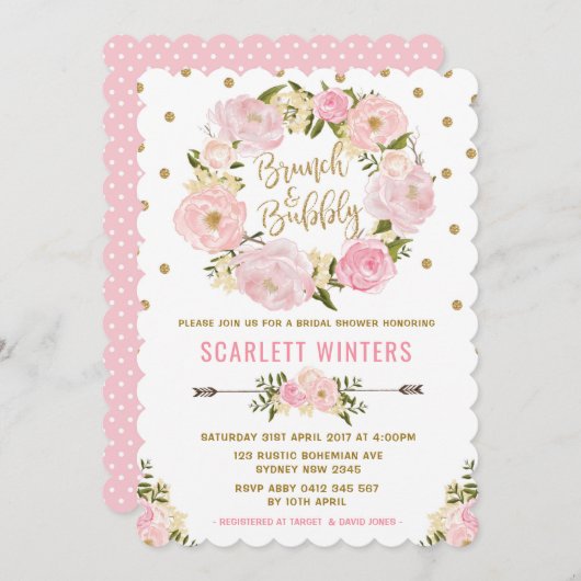 Roze Gold Floral Brunch & Bubble Shower Invitation Kaart (Voorkant / Achterkant)
