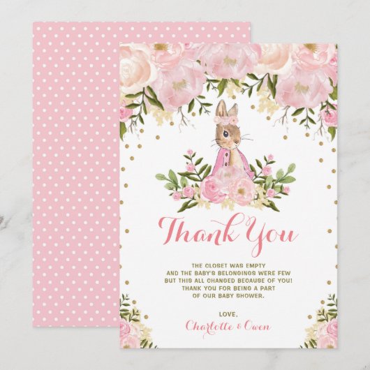 Roze Gold Floral Bunny Rabbit Hartelijk dank Kaart (Voorkant / Achterkant)