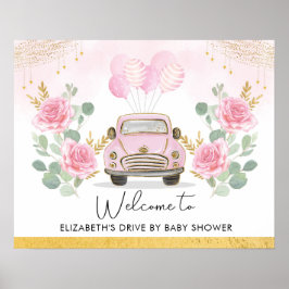 Roze Gold Floral drive by Baby shower Welkom Poster