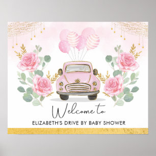 Roze Gold Floral drive by Baby shower Welkom Poster