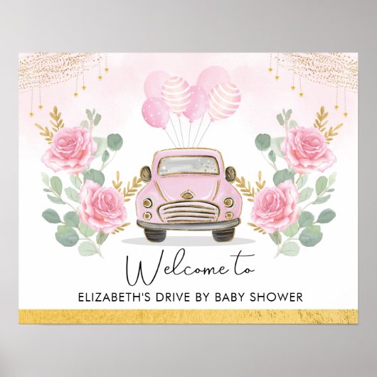 Roze Gold Floral drive by Baby shower Welkom Poster (Voorkant)