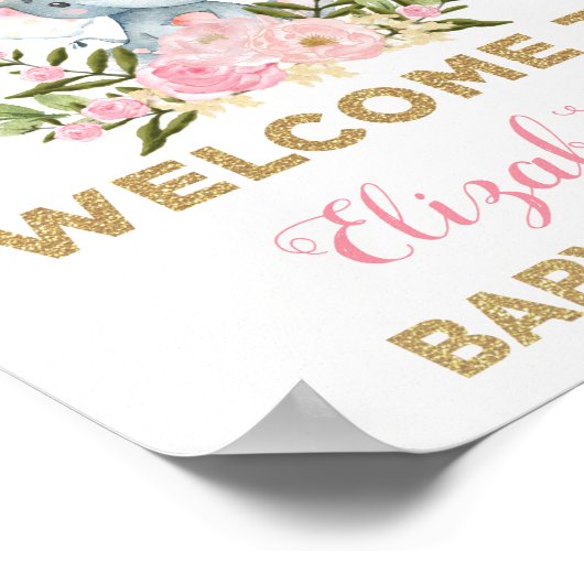 Roze Gold Floral Elephant Baby shower Welkom Poster (Hoek)