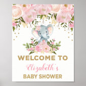 Roze Gold Floral Elephant Baby shower Welkom Poster (Voorkant)