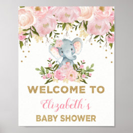 Roze Gold Floral Elephant Baby shower Welkom Poster