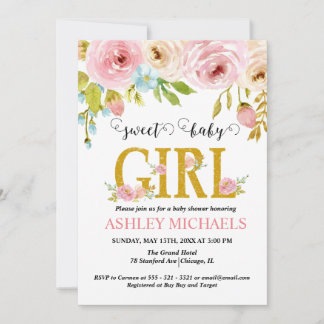 Roze Gold Floral Girl Baby shower Invitation Kaart