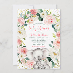 Roze Gold Floral Koala Girl Baby shower Kaart
