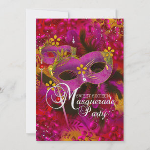 Roze Gold Floral Masquerade Sweet 16 Invite Kaart