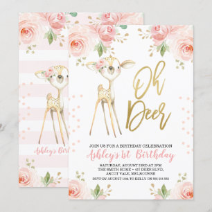 Roze Gold Floral Oh Deer Birthday Uitnodiging
