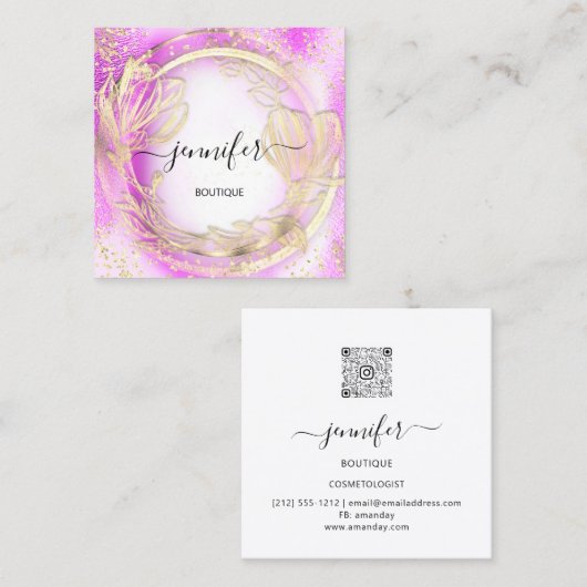Roze Gold Floral QRCode Logo Square Insert Vierkante Visitekaartje (Voorkant / Achterkant)