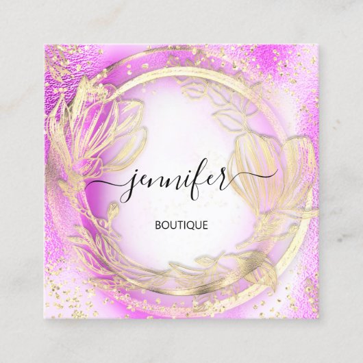 Roze Gold Floral QRCode Logo Square Insert Vierkante Visitekaartje (Voorkant)