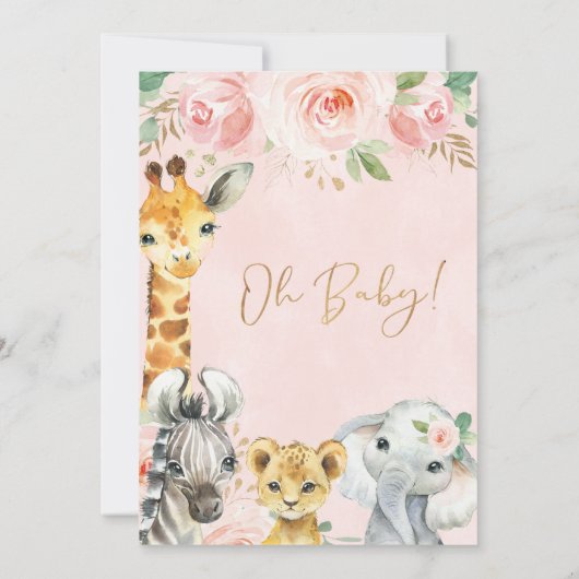 Roze Gold Floral Safari Baby shower Kaart (Achterkant)