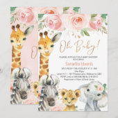 Roze Gold Floral Safari Baby shower Kaart (Voorkant / Achterkant)