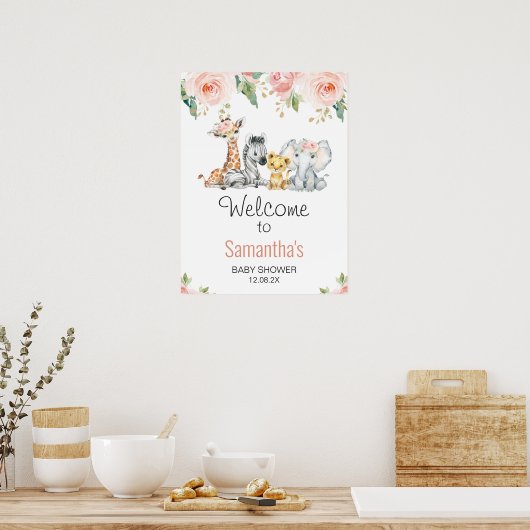 Roze Gold Floral Safari Baby shower Welkomstteken Poster (Keuken)
