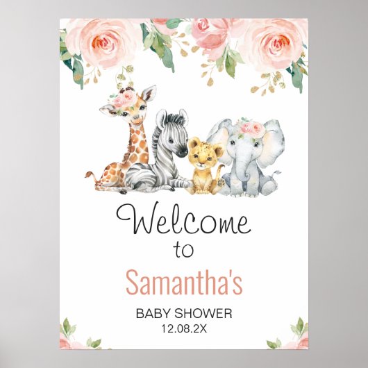 Roze Gold Floral Safari Baby shower Welkomstteken Poster (Voorkant)