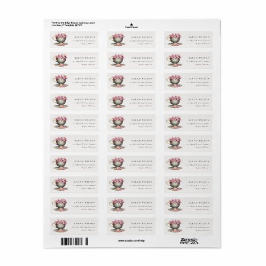Roze Gold Floral Teacup Tea Party Address Etiket (Full Sheet)