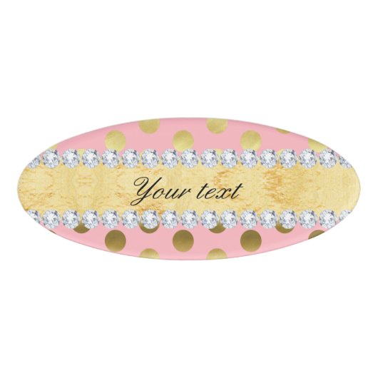 Roze Gold Foil Polka Dots Diamonds Naambadge (Voorkant)