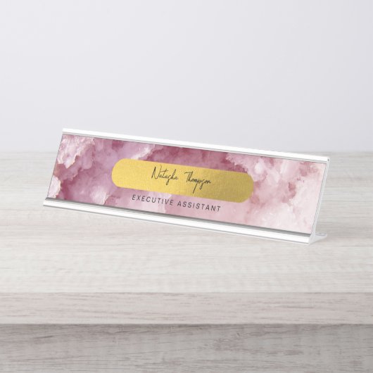 Roze Gold Foil Zee Crystals Signature Script Bureau Naambordje (Voorkant)