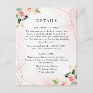 Roze & Gold Geometric Floral Guest — Details Card Informatiekaartje