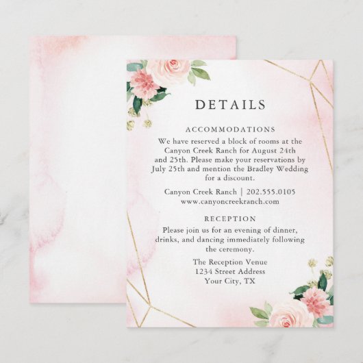 Roze & Gold Geometric Floral Guest — Details Card Informatiekaartje (Voorkant / Achterkant)
