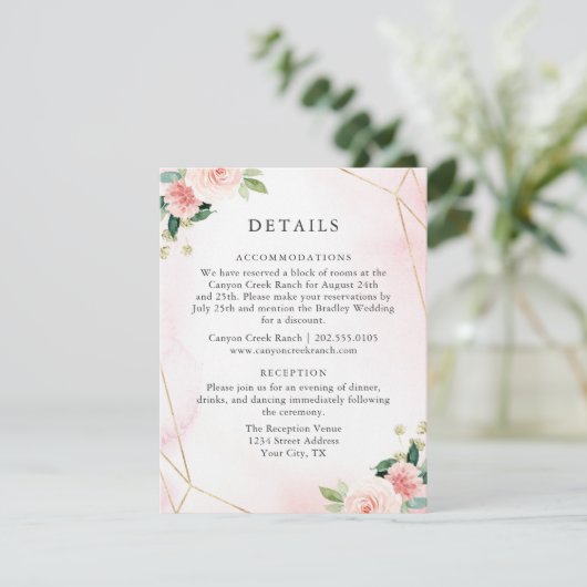 Roze & Gold Geometric Floral Guest — Details Card Informatiekaartje (Staand voorkant)
