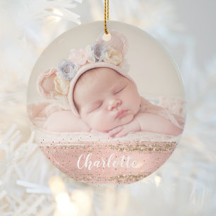Roze Gold Glam Custom Girl Baby Foto gepersonalise Keramisch Ornament