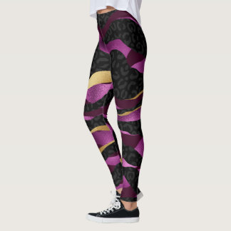 Roze Gold Gliter en zwarte Leopard Yoga Leggings