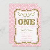 Roze Gold Glitter 1e verjaardag Uitnodiging (Voorkant / Achterkant)