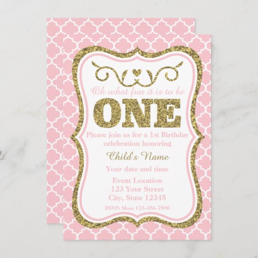Roze Gold Glitter 1e verjaardag Uitnodiging (Voorkant / Achterkant)