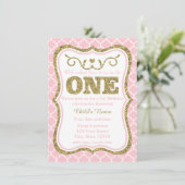 Roze Gold Glitter 1e verjaardag Uitnodiging (Staand voorkant)