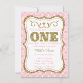 Roze Gold Glitter 1e verjaardag Uitnodiging (Voorkant)