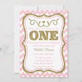 Roze Gold Glitter 1e verjaardag Uitnodiging (Voorkant)