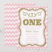 Roze Gold Glitter 1e verjaardag Uitnodiging (Voorkant / Achterkant)