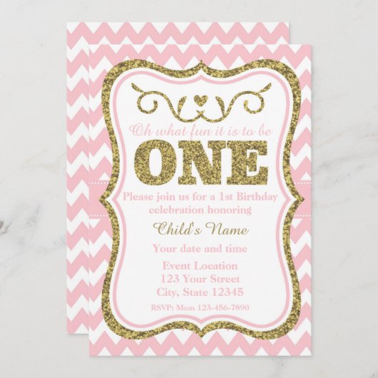 Roze Gold Glitter 1e verjaardag Uitnodiging (Voorkant / Achterkant)