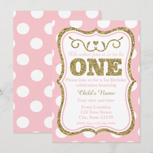 Roze Gold Glitter 1e verjaardag Uitnodiging (Voorkant / Achterkant)